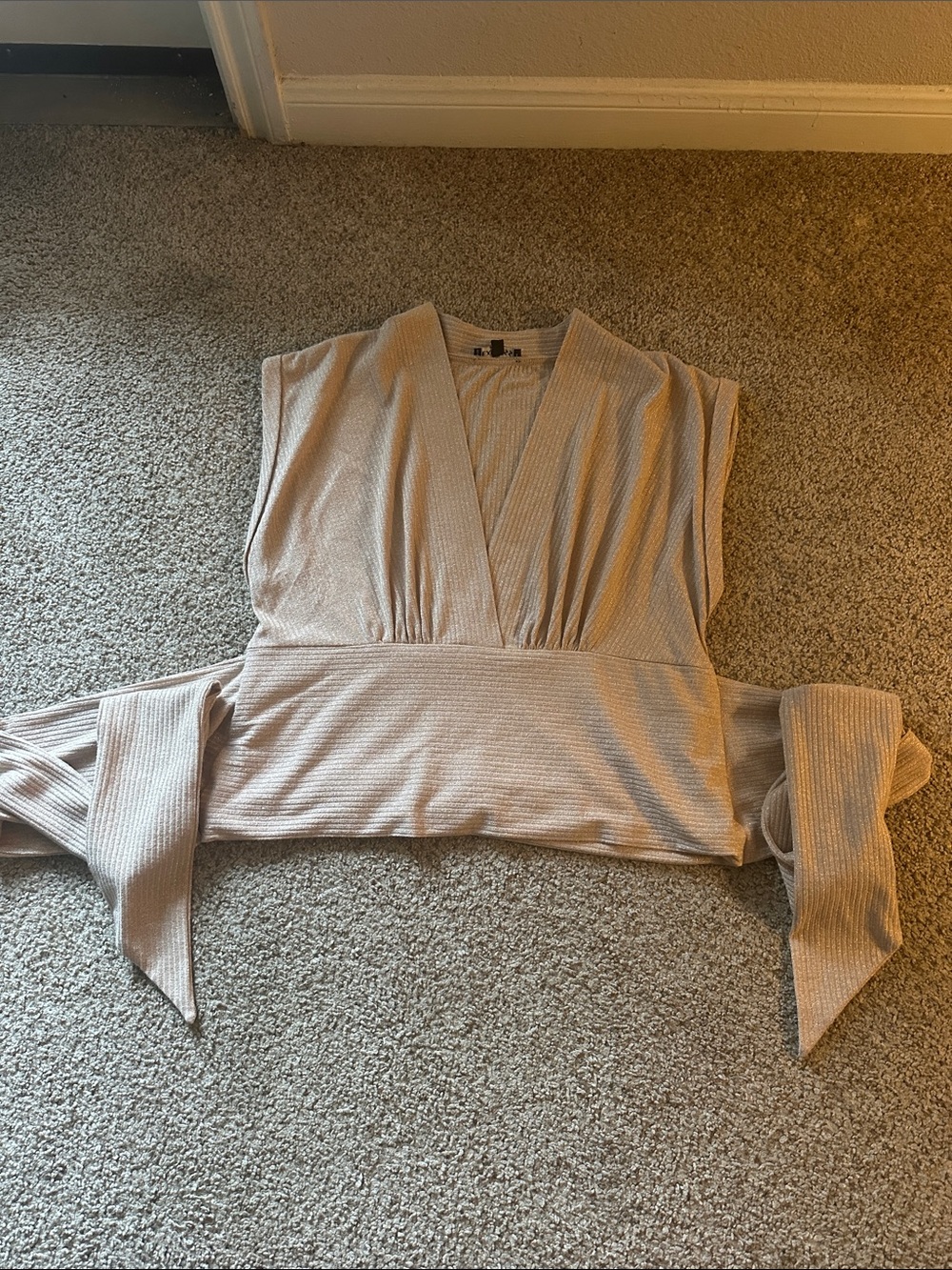 Express Ribbed V-Neck Wrap Crop Top - Beige